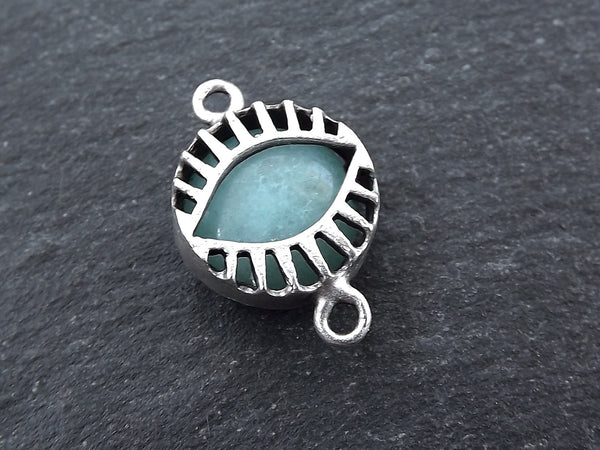 Pale Aqua Evil Eye, Jade Stone, Evil Eye Charm, Evil Eye Pendant, Connector, Lucky, Protective, Caged Eye Charm, Antique Silver, T1