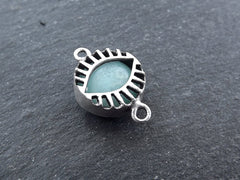 Pale Aqua Evil Eye, Jade Stone, Evil Eye Charm, Evil Eye Pendant, Connector, Lucky, Protective, Caged Eye Charm, Antique Silver, T1