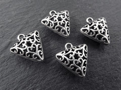 Filigree Triangle Charms, Pillow Charms, Puff Charms, Hollow Triangle Charms, Heart, Heart Charms, Folk, Matte Antique Silver Plated 4pcs