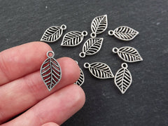 10 Silver Leaf Charms, Skeleton Leaf, Autumn Leaves, Fall Fashion, Nature Charms, Silver Leaves, Matte Antique Silver Plated, 10pc