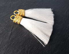White Tassel Pendant, Sugar White, Silk Thread Tassel, Tassel Charm, Ornate Cap, 22k Matte Gold Cap, Tassel Jewelry, 2.25 inches, 2pc