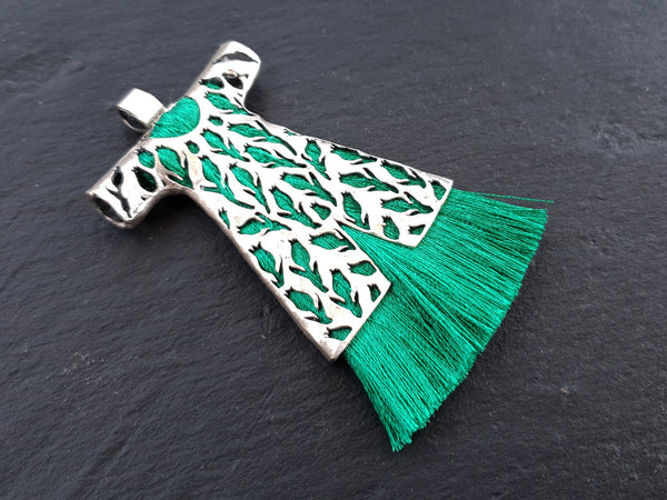 Green Tassel Pendant, Caftan Tassel, Teal Green, Green Silk Tassel, Caftan Pendant, Turkish Caftan, Ottoman, Matte Silver Plated - 1PC