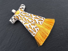 Yellow Tassel Pendant, Caftan Tassel, Sunshine Yellow, Yellow Silk Tassel, Caftan Pendant, Turkish Caftan, Ottoman, Matte Silver Plated