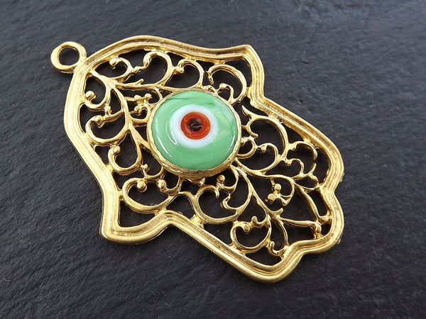 Evil Eye Hamsa Pendant, Large Hamsa Pendant, Green Evil Eye, Hand of Fatima, Pale Green, Glass Evil Eye, Artisan Glass, 22k Matte Gold, 1pc