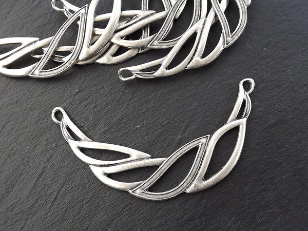 Silver Collar Pendant, Bib Pendant, Leaf Necklace, Focal Collar, Pendant Connector, Bib Blank, Crescent, Matte Antique Silver Plated - 1PC