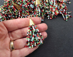 Multi Color Tassel, Short Beaded Tassel, Afghan Tassel, Red Blue Green Mix, Earring Tassel, Textured Cap, 22k Matte Gold, 55mm, No3