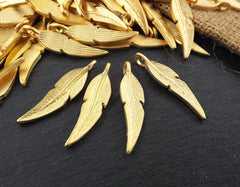 Gold Feather Charms, Feather Pendants, Tribal Charm, Tribal Feather, Rustic, Side loop, Metal Feather Charm, Boho, 22k Matte Gold Plated