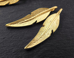 Gold Feather Charms, Feather Pendants, Tribal Charm, Tribal Feather, Rustic, Side loop, Metal Feather Charm, Boho, 22k Matte Gold Plated