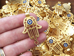 Gold Evil Eye Hamsa Hand Pendant Connector, Hand of Fatima, Blue Nazar Bead, 22k Matte Gold Plated, 1pc