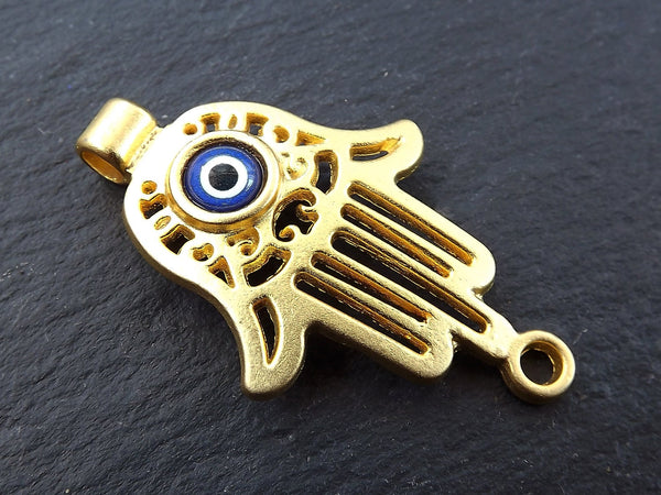 Gold Evil Eye Hamsa Hand Pendant Connector, Hand of Fatima, Blue Nazar Bead, 22k Matte Gold Plated, 1pc