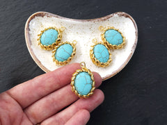 Turquoise Pendant, Blue Pendant, Smooth Cut, Gemstone Pendant, Spiral Bezel, Gold Bezel, Turquoise Stone, 22k Matte Gold plated, 1pc