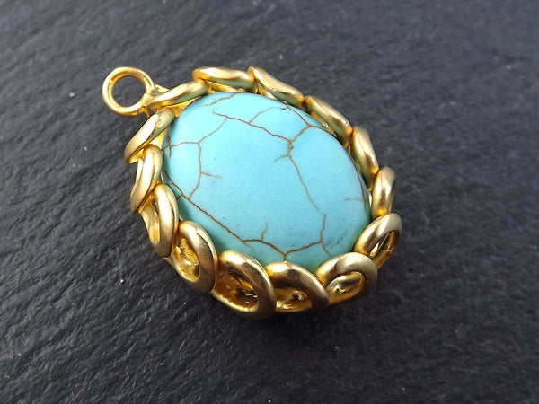Turquoise Pendant, Blue Pendant, Smooth Cut, Gemstone Pendant, Spiral Bezel, Gold Bezel, Turquoise Stone, 22k Matte Gold plated, 1pc