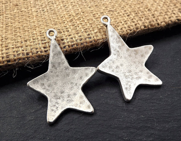 Hammered Star Pendant, Silver Star Pendant, Star Charms, Curved Star, Rustic Star, Silver Star, Large Star, Matte Antique Silver Plated, 2pc