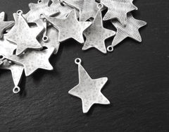 Hammered Star Pendant, Silver Star Pendant, Star Charms, Curved Star, Rustic Star, Silver Star, Large Star, Matte Antique Silver Plated, 2pc