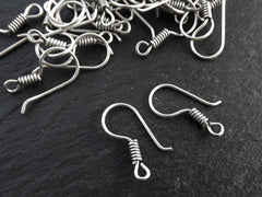 Silver Ear Wires, French Ear Wires, Earring Hooks, Earring Wires, Hook with Coil, Metal Ear Wires, Antique Matte Silver Plated, 12 pairs