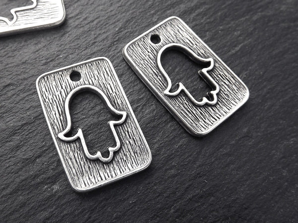 Hamsa Charms, Hamsa Pendant, Silver Hamsa Hand, Rectangle Charms, Cut Out Hamsa, Hand of Fatima, Matte Antique Silver Plated Brass, 2pc, T1