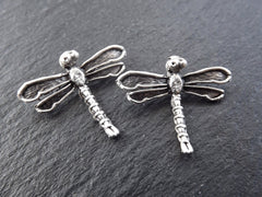 Silver Dragonfly Charms, Dragonfly Pendant, Small Dragonfly Charms, Dragonflies, Winged, Back Loop, Matte Antique Silver Plated, 2pc