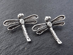 Silver Dragonfly Charms, Dragonfly Pendant, Small Dragonfly Charms, Dragonflies, Winged, Back Loop, Matte Antique Silver Plated, 2pc