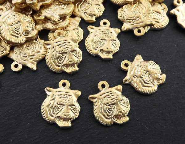 Gold Tiger Charms, Tiger Pendant, Fierce Tiger Face, Tiger head Charm pendant, Animal Charm, Tribal, Jewelry Supplies, 22k Matte Gold , 4pc