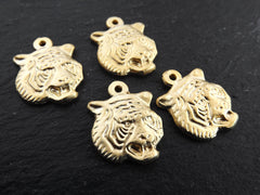 Gold Tiger Charms, Tiger Pendant, Fierce Tiger Face, Tiger head Charm pendant, Animal Charm, Tribal, Jewelry Supplies, 22k Matte Gold , 4pc