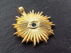 All Seeing Eye Pendant, All Seeing Eye Charm, Eye of Providence, Rays of Light, Talisman Jewelry, Evil Eye, Teal, 22k Matte Gold, 1pc