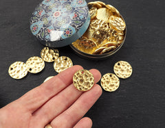 Gold Hammered Round Disc Charm Pendants, Hammered Charms, Gold Coin Pendant, 22k Matte Gold Plated - 3pc