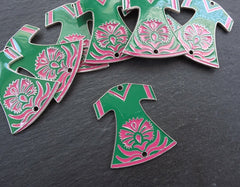 Green Caftan Pendant, Flower Pendant, Pink Flower, Carnation, Tunic, Robe, Necklace pendant, Key Chain pendant, Matte Antique Silver, 1pc