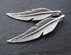 Silver Feather Charms, Feather Pendants, Tribal Charm, Tribal Feather, Rustic, Metal Feather Charm, Boho, Matte Antique Silver Plated, 2pc