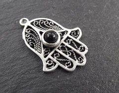 Black Onyx Stone Filigree Hand of Fatima Hamsa Pendant Charm, Silver charm, Boho Bohemian Ethnic Jewelry Antique Matte Silver Plated