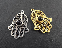 Black Onyx Stone Filigree Hand of Fatima Hamsa Pendant Charm, Gold charm, Boho Bohemian Ethnic Jewelry 22k Matte Gold Plated