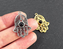 Black Onyx Stone Filigree Hand of Fatima Hamsa Pendant Charm, Gold charm, Boho Bohemian Ethnic Jewelry 22k Matte Gold Plated