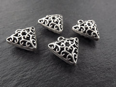 Filigree Triangle Charms, Pillow Charms, Puff Charms, Hollow Triangle Charms, Heart, Heart Charms, Folk, Matte Antique Silver Plated 4pcs