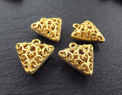 Filigree Triangle Charms, Pillow Charms, Puff Charms, Hollow Triangle Charms, Heart, Heart Charms, Folk, 22k Matte Gold Plated 4pcs