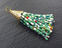 Aqua Afghan Beaded Short Tassel, Multi Color Tassel, Seafoam Green Mix, Earring Tassel, Textured Cap, 22k Matte Gold, 55mm, No2