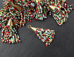 Multi Color Tassel, Short Beaded Tassel, Afghan Tassel, Red Blue Green Mix, Earring Tassel, Textured Cap, 22k Matte Gold, 55mm, No3