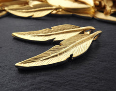 Gold Feather Charms, Feather Pendants, Tribal Charm, Tribal Feather, Rustic, Side loop, Metal Feather Charm, Boho, 22k Matte Gold Plated