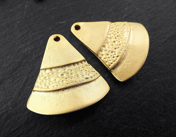 Gold Triangle Pendant, Tribal Pendant, Ethnic Pendant, Tiered Pendants, Gold Charms, Rustic Boho Pendant, 22k Matte Gold Plated, 2pc