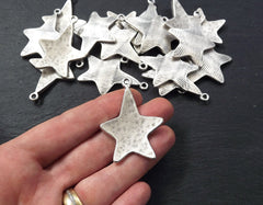 Hammered Star Pendant, Silver Star Pendant, Star Charms, Curved Star, Rustic Star, Silver Star, Large Star, Matte Antique Silver Plated, 2pc