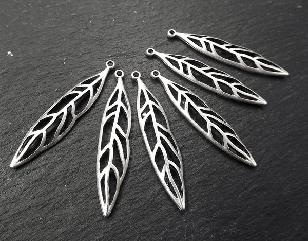 Long Leaf Charms, Thin Leaf Charms, Silver Leaf Charms, Skeleton Leaf, Marquise Leaf Drops, Silver Leaves, Matte Antique Silver Plated, 6pc