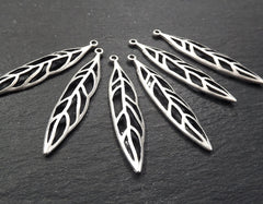 Long Leaf Charms, Thin Leaf Charms, Silver Leaf Charms, Skeleton Leaf, Marquise Leaf Drops, Silver Leaves, Matte Antique Silver Plated, 6pc