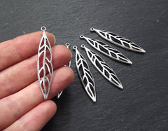 Long Leaf Charms, Thin Leaf Charms, Silver Leaf Charms, Skeleton Leaf, Marquise Leaf Drops, Silver Leaves, Matte Antique Silver Plated, 6pc