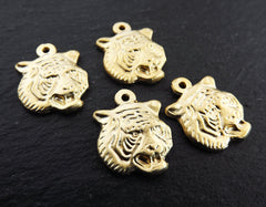 Gold Tiger Charms, Tiger Pendant, Fierce Tiger Face, Tiger head Charm pendant, Animal Charm, Tribal, Jewelry Supplies, 22k Matte Gold , 4pc