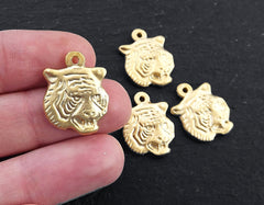 Gold Tiger Charms, Tiger Pendant, Fierce Tiger Face, Tiger head Charm pendant, Animal Charm, Tribal, Jewelry Supplies, 22k Matte Gold , 4pc