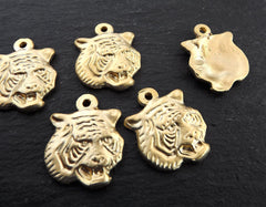 Gold Tiger Charms, Tiger Pendant, Fierce Tiger Face, Tiger head Charm pendant, Animal Charm, Tribal, Jewelry Supplies, 22k Matte Gold , 4pc