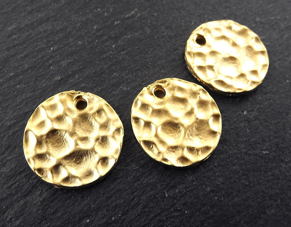 Gold Hammered Round Disc Charm Pendants, Hammered Charms, Gold Coin Pendant, 22k Matte Gold Plated - 3pc