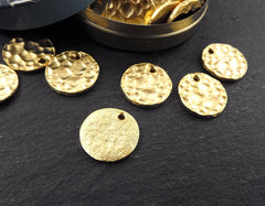 Gold Hammered Round Disc Charm Pendants, Hammered Charms, Gold Coin Pendant, 22k Matte Gold Plated - 3pc