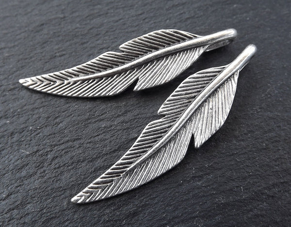 Silver Feather Charms, Feather Pendants, Tribal Charm, Tribal Feather, Rustic, Metal Feather Charm, Boho, Matte Antique Silver Plated, 2pc