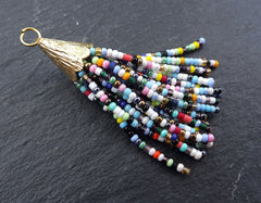 Rainbow Beaded Short Tassel, Multi color Seed Bead, Afghan Tassel, Rainbow Tassel, Earring Tassel, Textured Cap, 22k Matte Gold, 55mm, No6