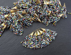 Rainbow Beaded Short Tassel, Multi color Seed Bead, Afghan Tassel, Rainbow Tassel, Earring Tassel, Textured Cap, 22k Matte Gold, 55mm, No6