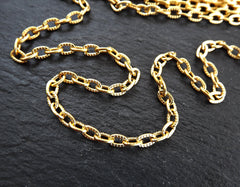 Fancy Gold Cable Chain, Etched Line Textured Pattern, 5 x 3mm Oval links, Crimped Chain, Non Tarnish Chain, 22k Matte Gold Plated, 1 Meter